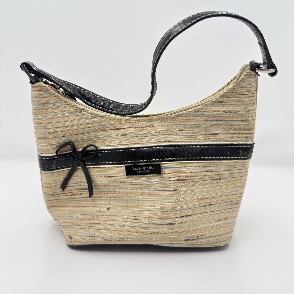 Kate Spade New York Striped Small Shoulder Bag Woven Fabric Black Trim